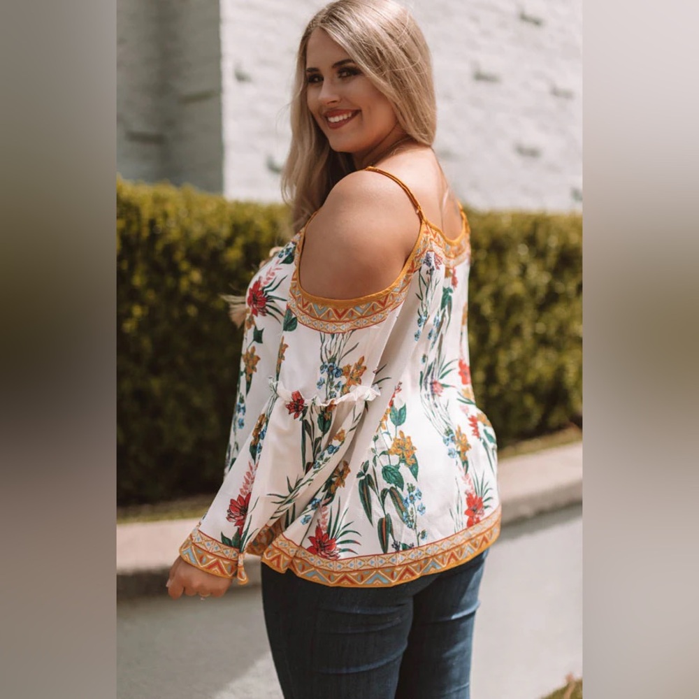 Flying Tomato White Floral Cold-Shoulder Blouse with Yellow Trim